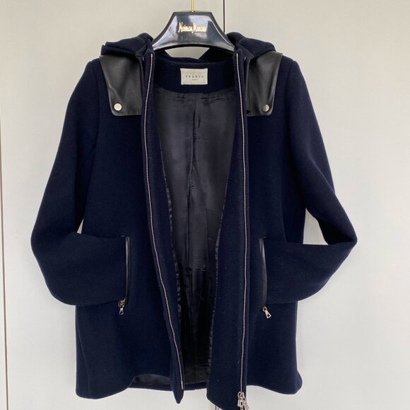 Sandro Women's Navy Wool Coat with Black Leather Trim, Size 40 - Picture 2 of 6